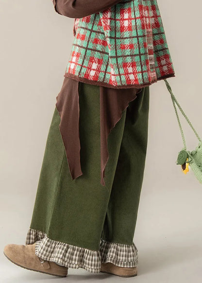 Green Ruffled Patchwork High Waist Wide Leg Pants