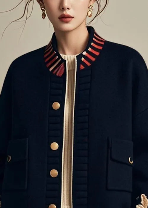 Loose Navy Button Print Pockets Patchwork Coats Fall