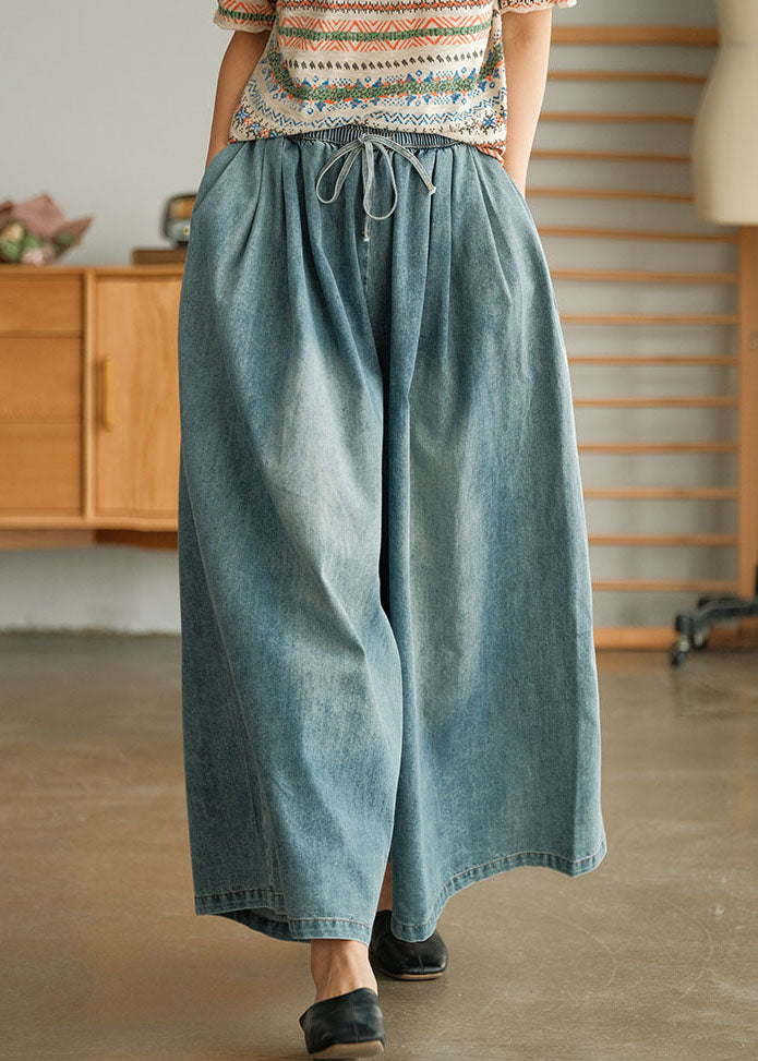 Loose Blue Cinched Pockets Denim Wide Leg Pants Spring