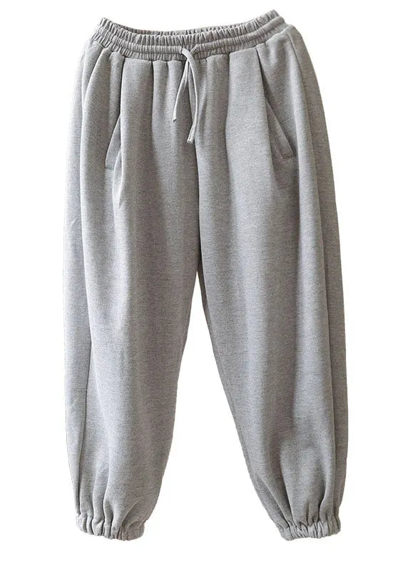 Grey Tie Waist Pockets Harem Fall Pants Cotton