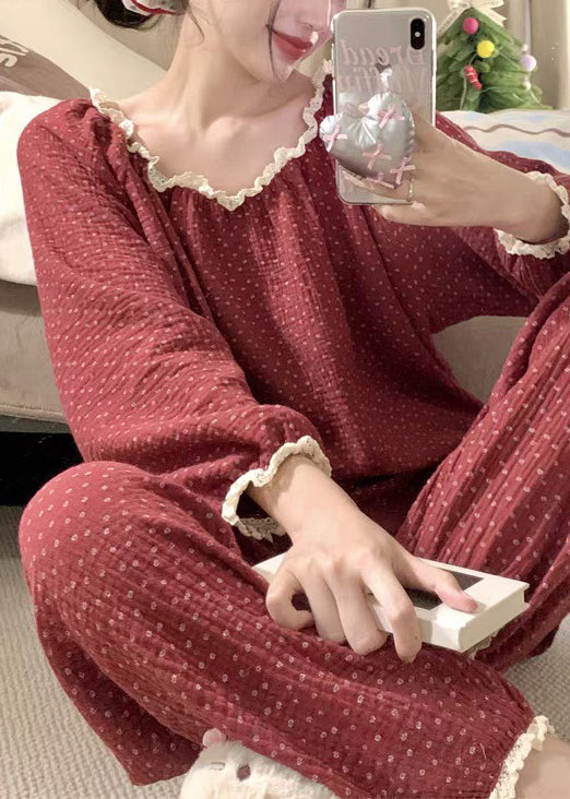 Red Dot Lace Patchwork Cotton Pajamas Two Pieces Set Fall