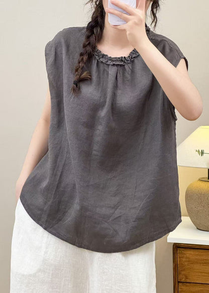 Stylish Grey Ruffled Linen Shirt Top Sleeveless