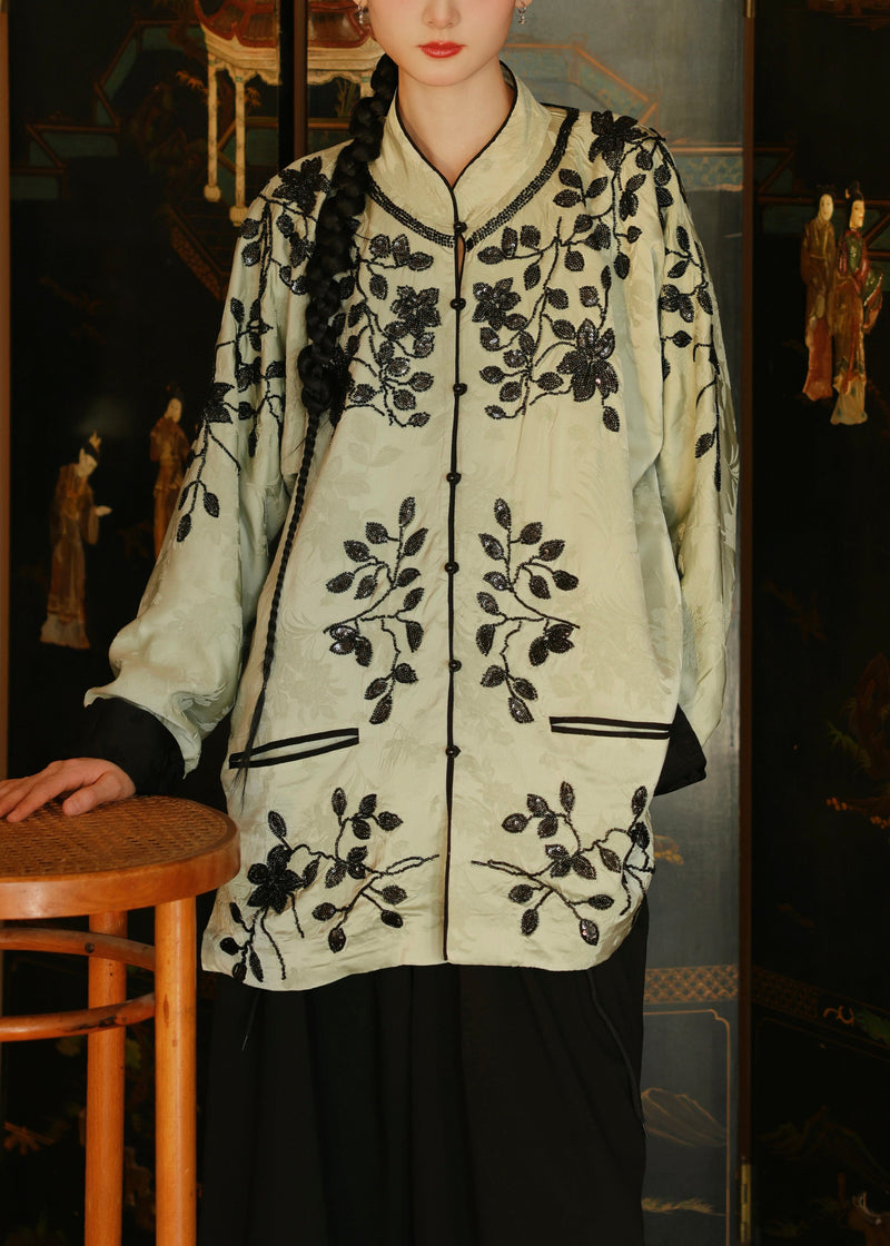 Original Stand Collar Embroideried Silk Two Piece Suit Set Fall