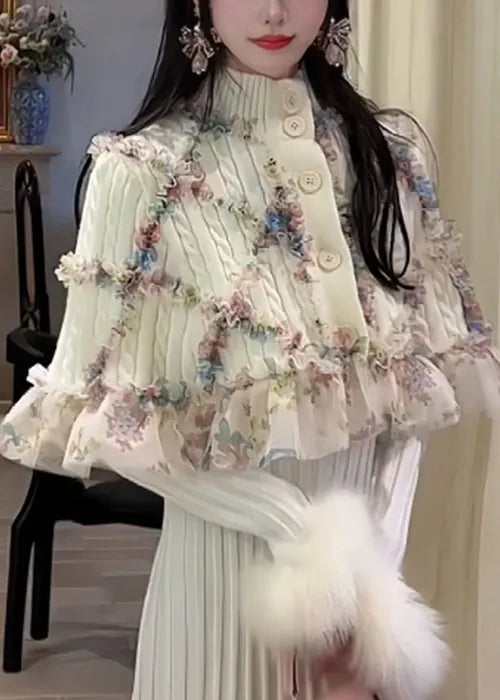 Classy White Ruffled Patchwork Cape and Dress Knit Two Pieces Set Spring