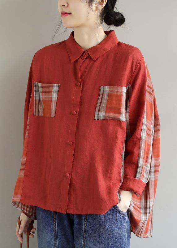 Modern Red Plaid Clothes for Lapel Patchwork Spring Top