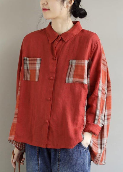 Modern Red Plaid Clothes for Lapel Patchwork Spring Top