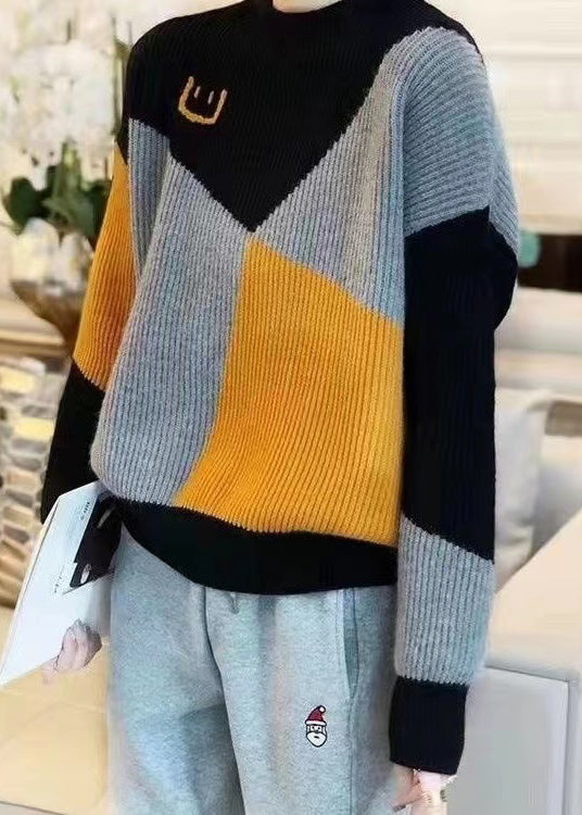 Colorblock O Neck Thick Patchwork Knit Sweaters Fall