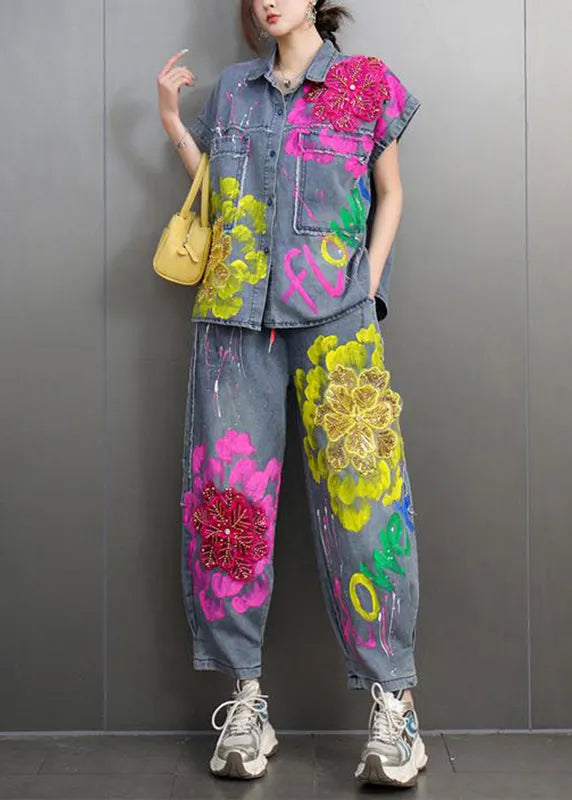 Unique Peter Pan Collar Denim Shirts and Crop Pants Two-piece Set Short Sleeve