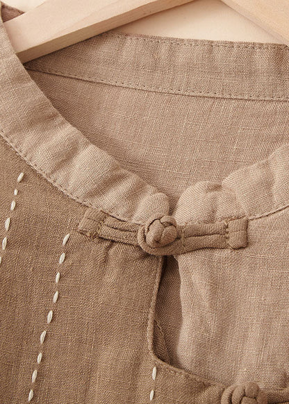 Yellow Stand Collar Patchwork Button Linen Top Bracelet Sleeve