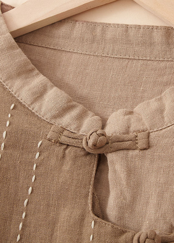 Yellow Stand Collar Patchwork Button Linen Top Bracelet Sleeve