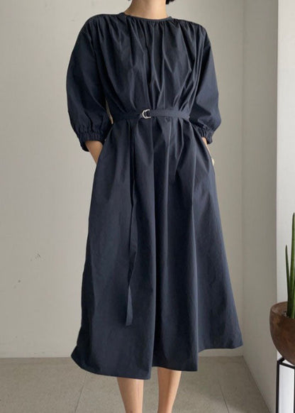Navy O-neck Tie Waist Cotton Mid Dress Half Sleeve Long Dress
