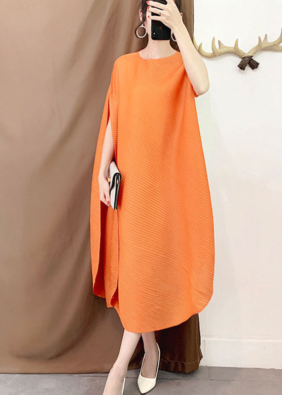 Orange O-neck Asymmetrical Striped Long Dress Short Sleeve