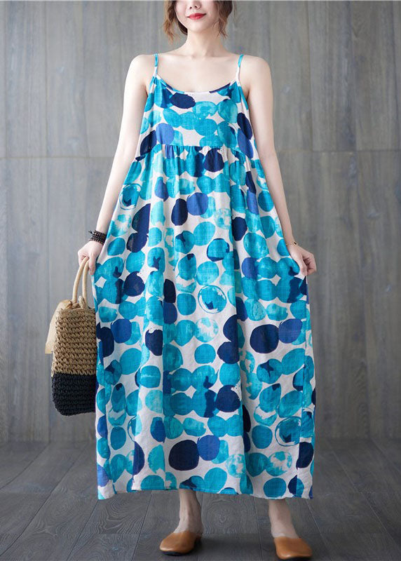 Lake Blue Backless Dot Print Linen Spaghetti Strap Dresses Sleeveless