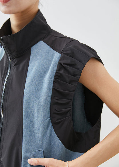 Black Oversized Patchwork Denim Cotton Vests Fall
