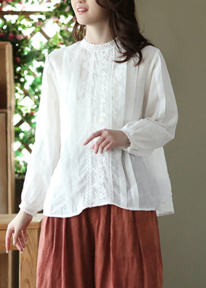 White O-neck Wrinkled Ramie Top Spring