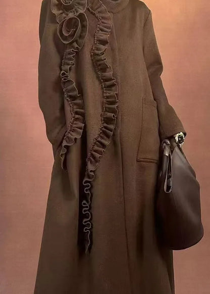 Fine Coffee O-neck Ruffled Patchwork Pockets Woolen Long Coats Winter