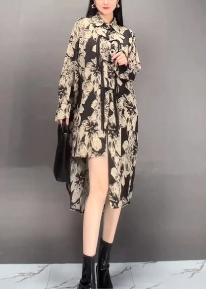 Black Peter Pan Collar Asymmetrical Print Long Dress Fall