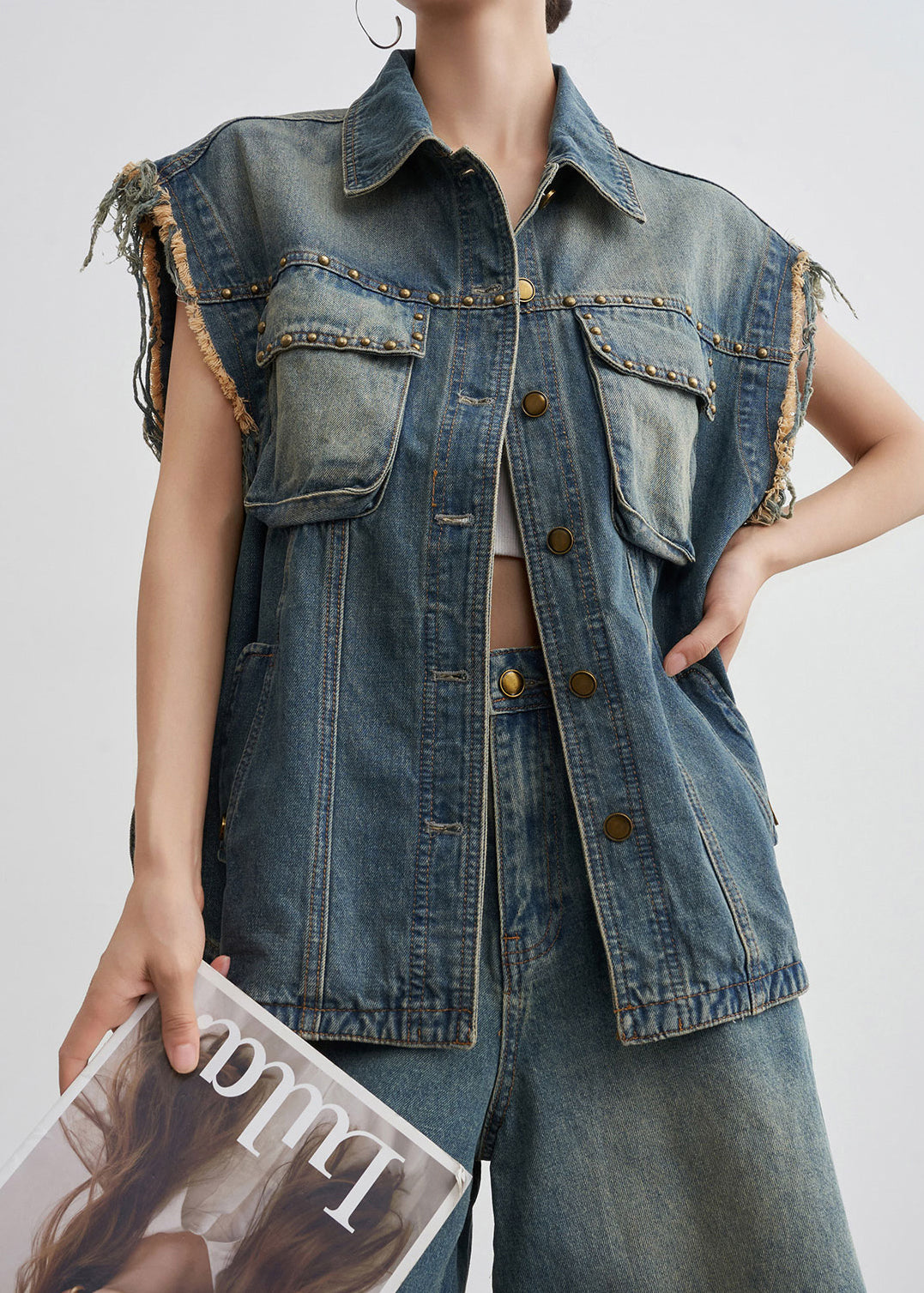Blue Nail Bead Button Denim Two-piece Set Summer