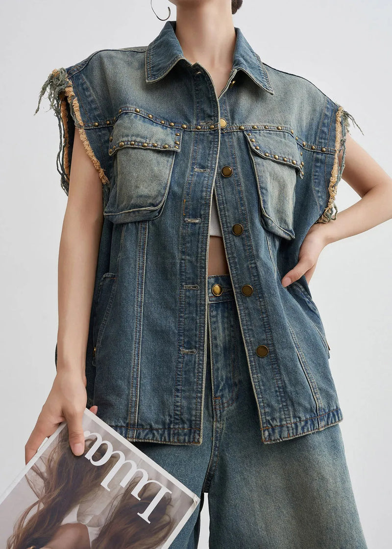 Blue Nail Bead Button Denim Two-piece Set Summer