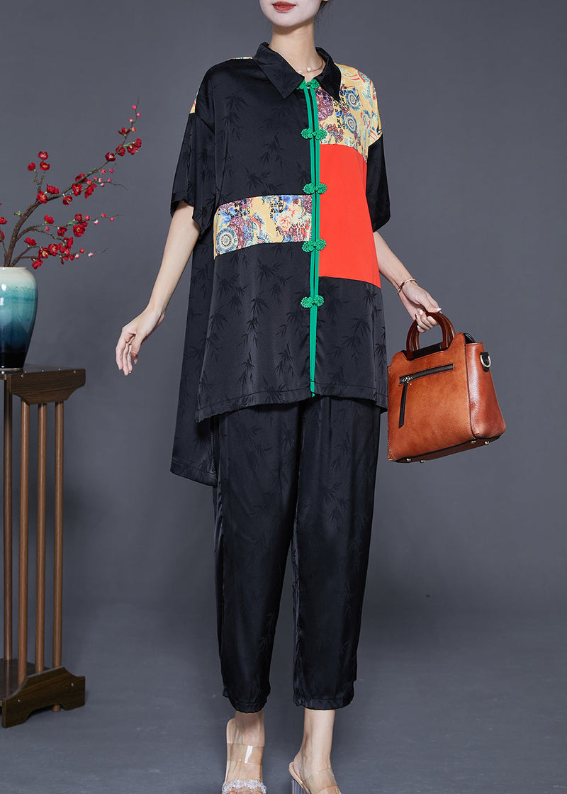 Black Print Patchwork Low High Design Silk Two Pieces Set Summer