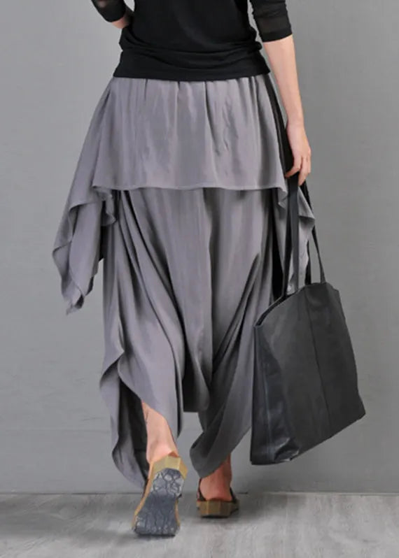 Grey Pockets Draping Cotton Pants Skirt Summer