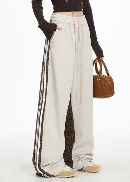 Grey Pockets Leopard Patchwork Wide Leg Pants Spring