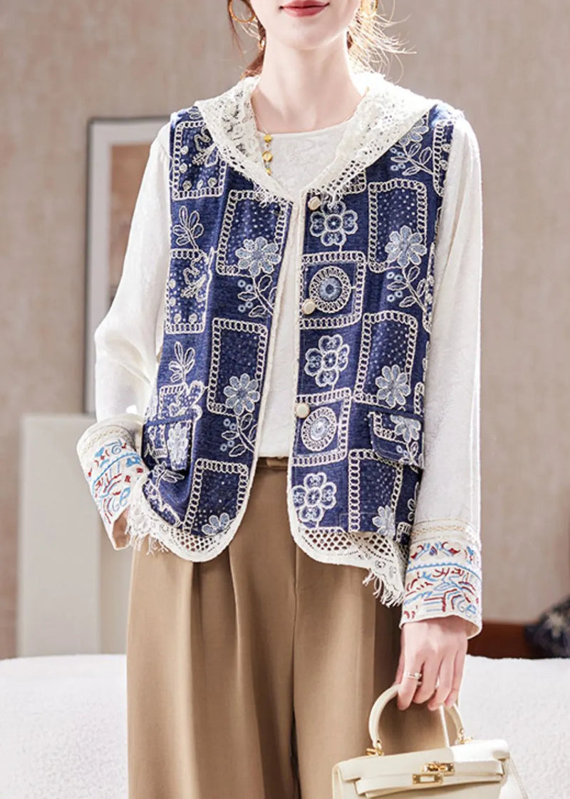 Italian Blue V Neck Print Hollow Out Denim Waistcoat Sleeveless
