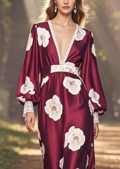 Wine Red V Neck Print Patchwork Silk Long Dress Spring