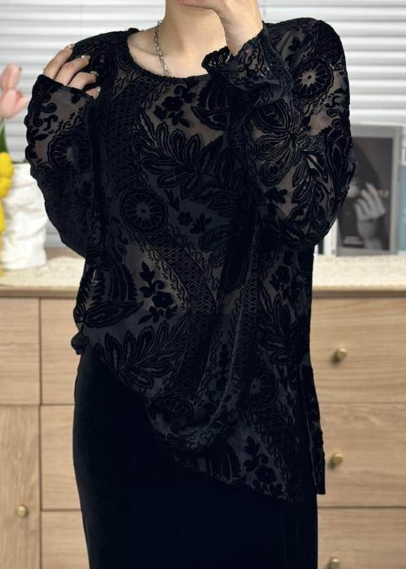 Black O Neck Jacquard Silk Velour Shirt Tops Fall