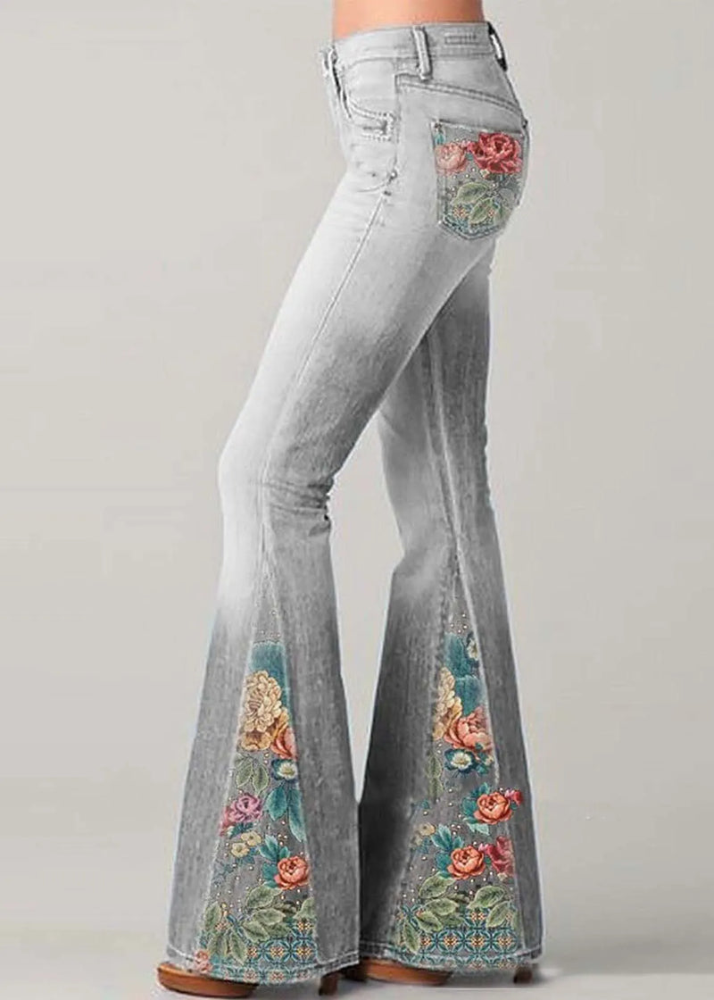 Blue High Waist Patchwork Print Denim Flare Bottoms Summer