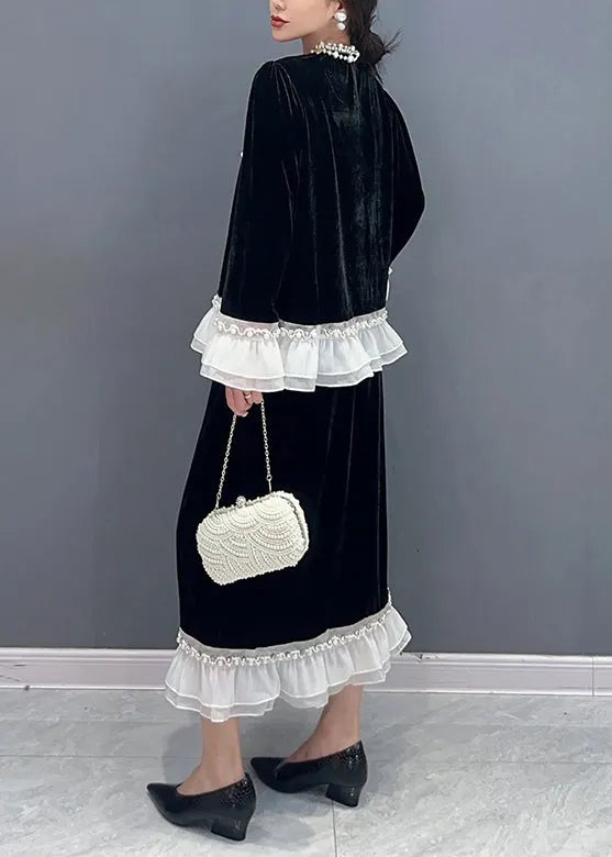 Classy Black O-neck Ruffled Tops and Skirts Velour Two Pieces Set Fall