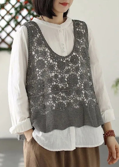 Black V Neck Hollow Out Knit Waistcoat Sleeveless