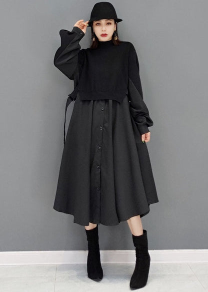 Black Turtle Neck Patchwork Cotton Vacation Dresses Long Sleeve