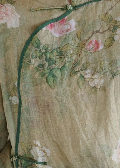 Light Green Mandarin Collar Print Patchwork Linen Dress Three Quarter Sleeve