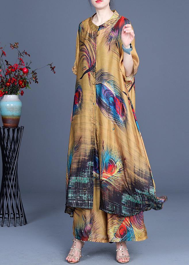 Yellow Print O-neck Silk Two Pieces Set Summer