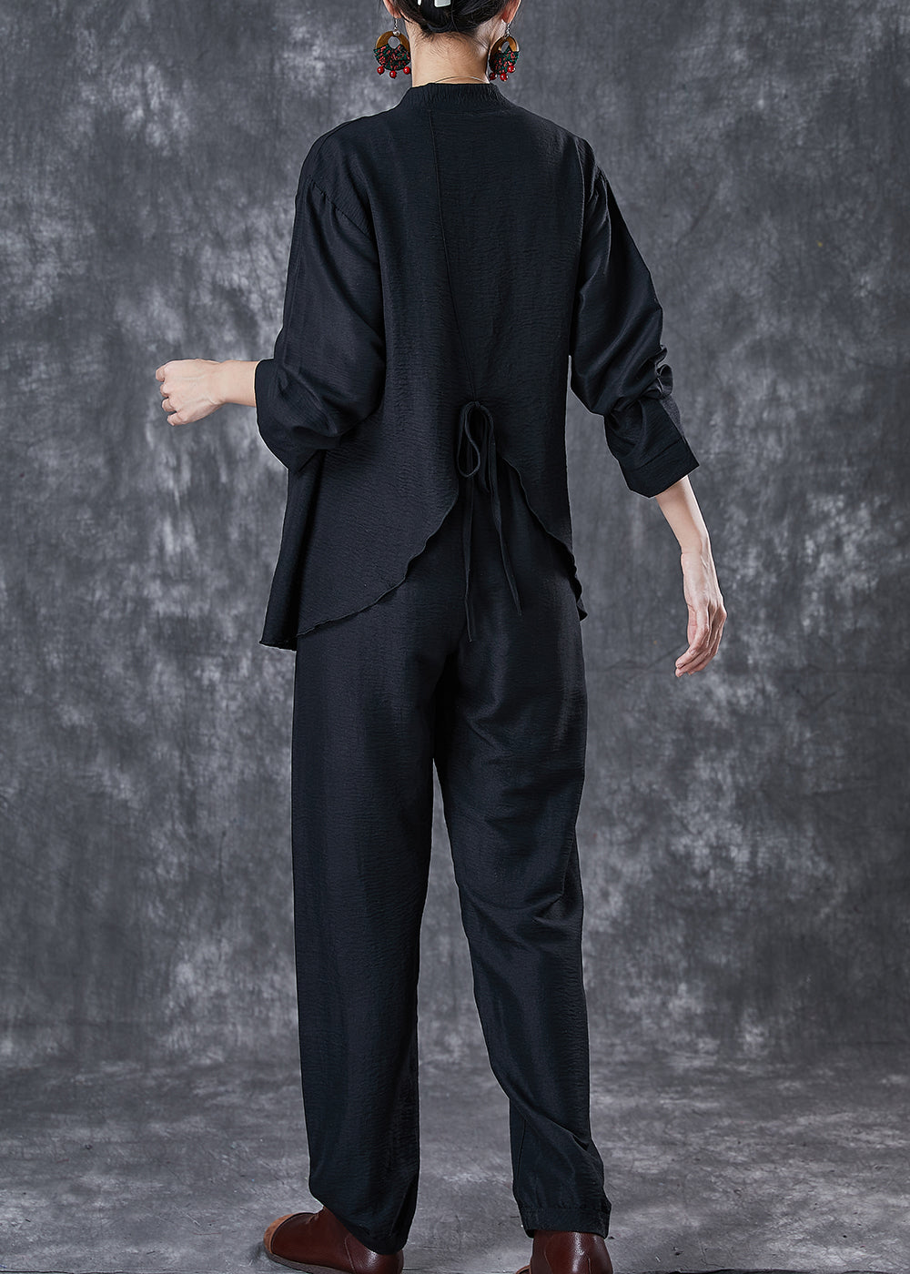 Black Oversized Tie Waist Linen Two Pieces Set Fall