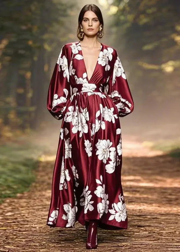 French Mulberry V Neck Print Pockets Silk Maxi Dresses Spring