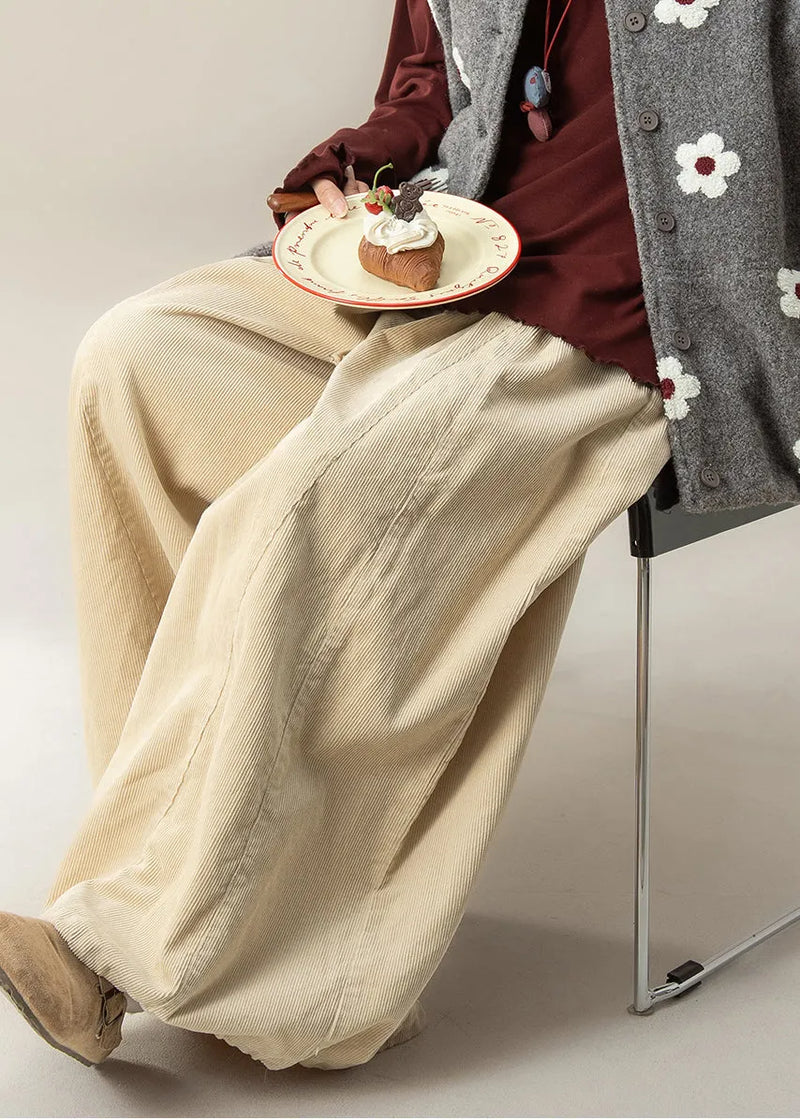 Beige Oversized Corduroy Wide Leg Pants Spring