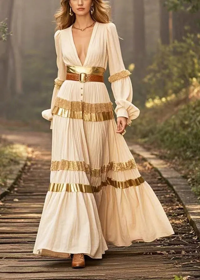 French Beige Deep-v Neck Patchwork Cinched Dresses Lantern Sleeve
