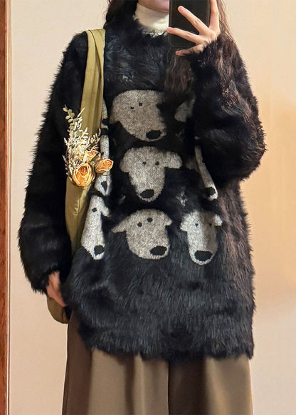 Black O Neck Dog Head Cozy Mink Velvet Sweater Spring