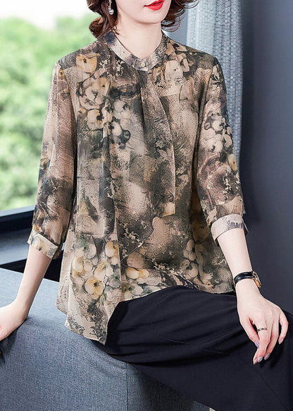 Apricot Asymmetrical Print Silk Shirts Bracelet Sleeve