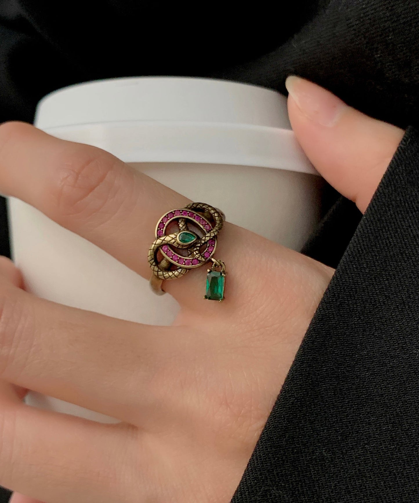 Colorblock Ancient Gold Zircon Small Snake Open Rings