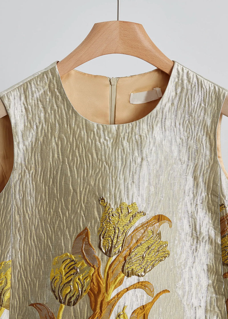 New Retro Golden Jacquard Silk Two Pieces Set Sleeveless