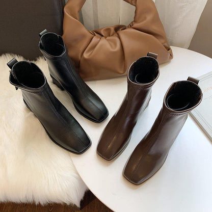 Comfortable Splicing Chunky Boots Brown Faux Leather Zippered Ankle Boots
