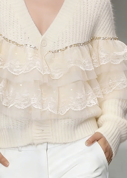 Handmade Beige Lace Patchwork Cotton Knit Cardigans Spring