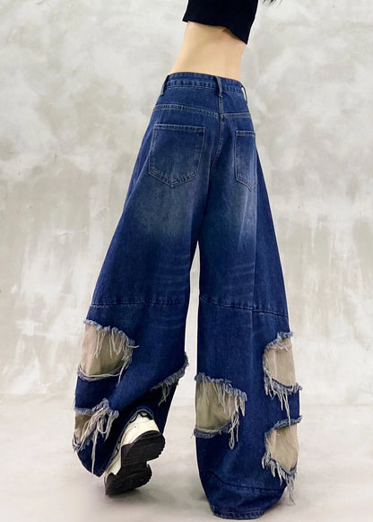 Blue Ripped Patchwork Denim Wide Leg Pants Spring