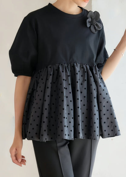 Black Dot Patchwork Flower Decorated Cotton Tank Summer