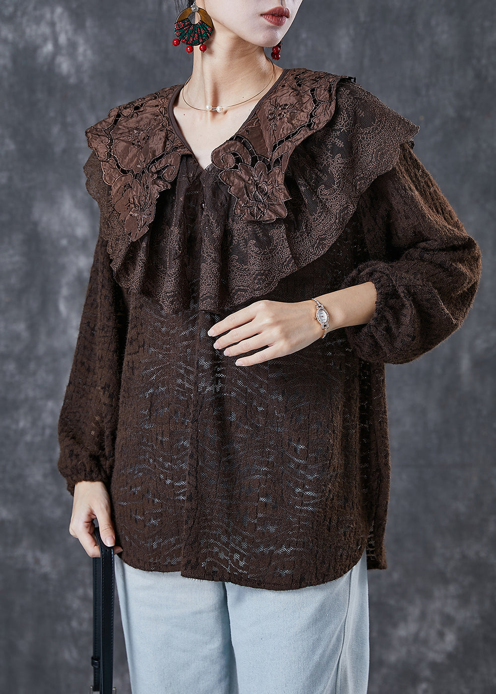 Chocolate Peter Pan Collar Hollow Out Lace Shirts Spring