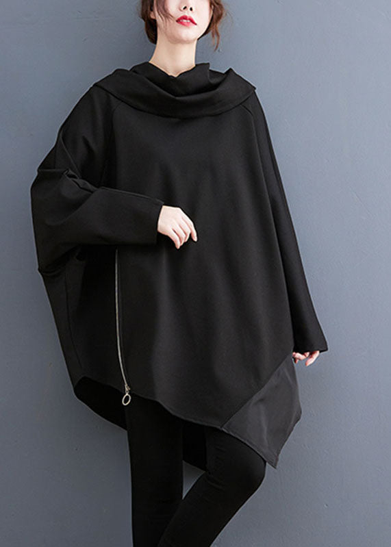 Black Turtle Neck Asymmetrical Patchwork Sweatshirts Fall