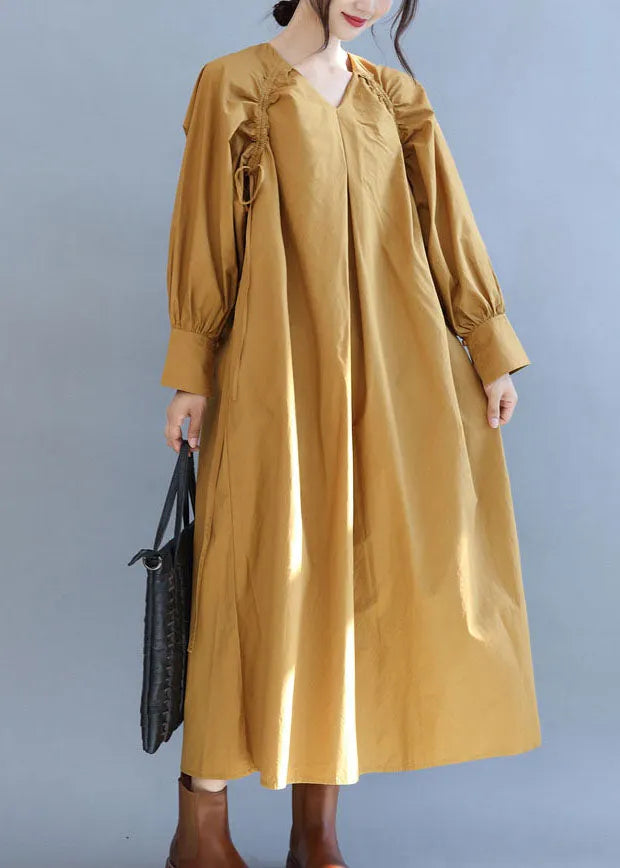 Yellow V Neck Cinched Cotton Long Dress Fall